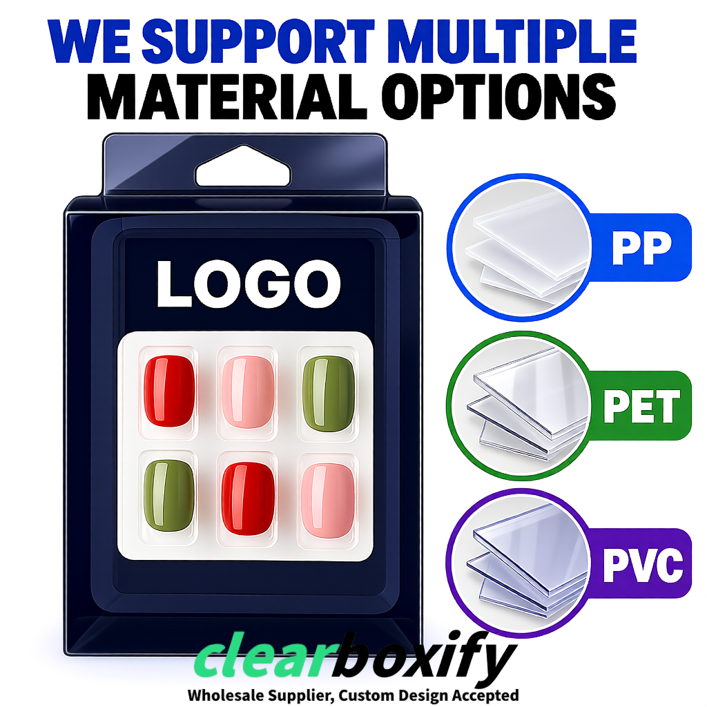 Navy Blue Clear Press-on Nails Box with Hanging Hook | Plastic PVC PP PET Packaging