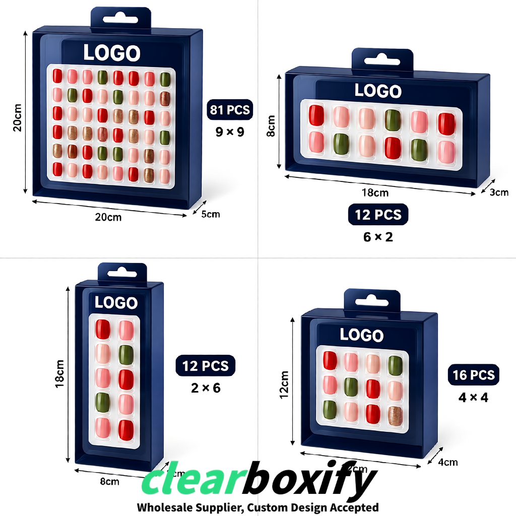 Navy Blue Clear Press-on Nails Box with Hanging Hook | Plastic PVC PP PET Packaging
