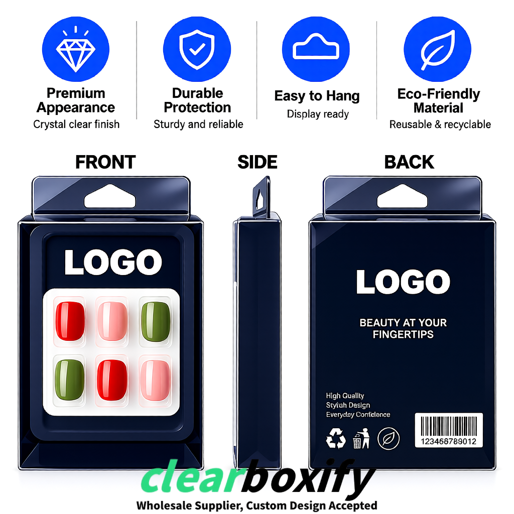Navy Blue Clear Press-on Nails Box with Hanging Hook | Plastic PVC PP PET Packaging