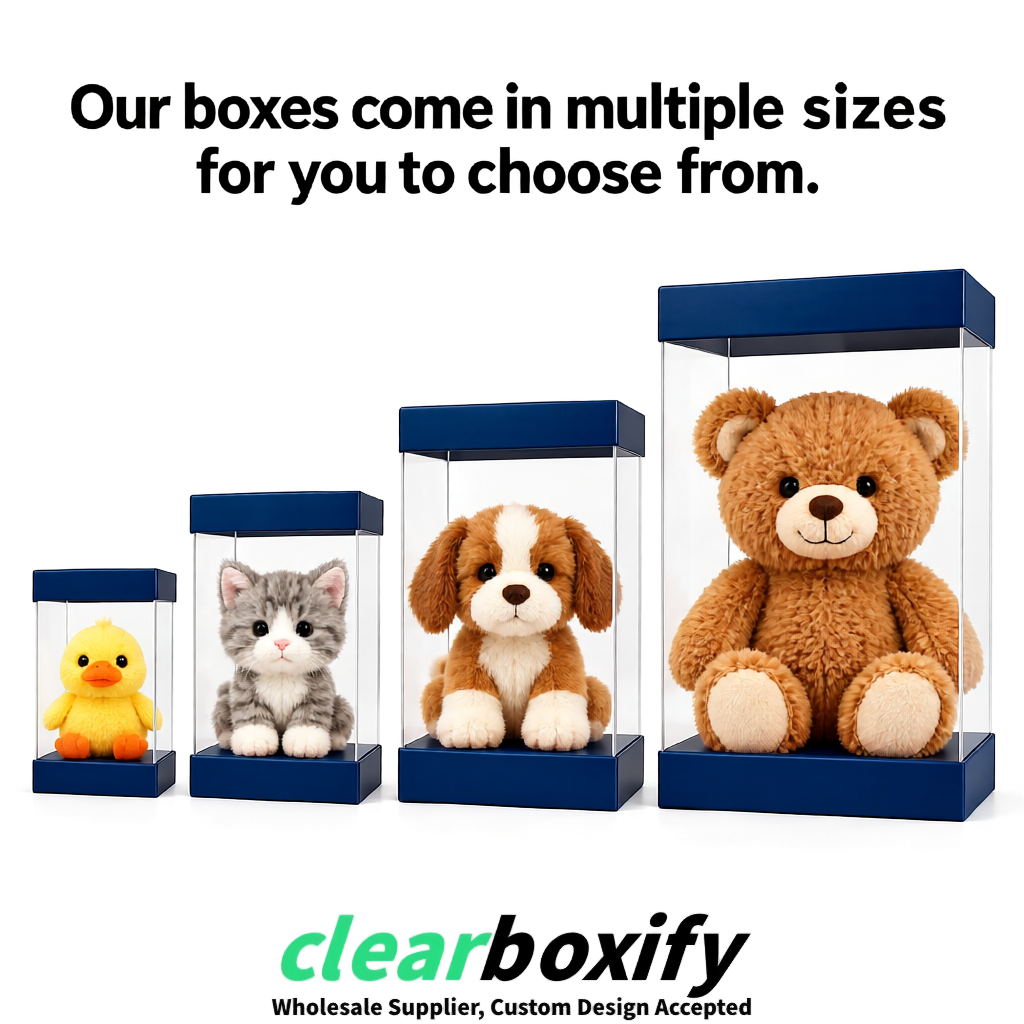 Navy Blue Clear Toy Display Boxes with White Base & Top | Wholesale Bulk Packaging
