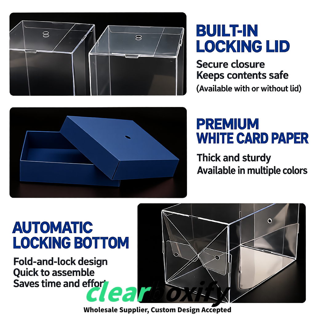 Navy Blue Clear Toy Display Boxes with White Base & Top | Wholesale Bulk Packaging