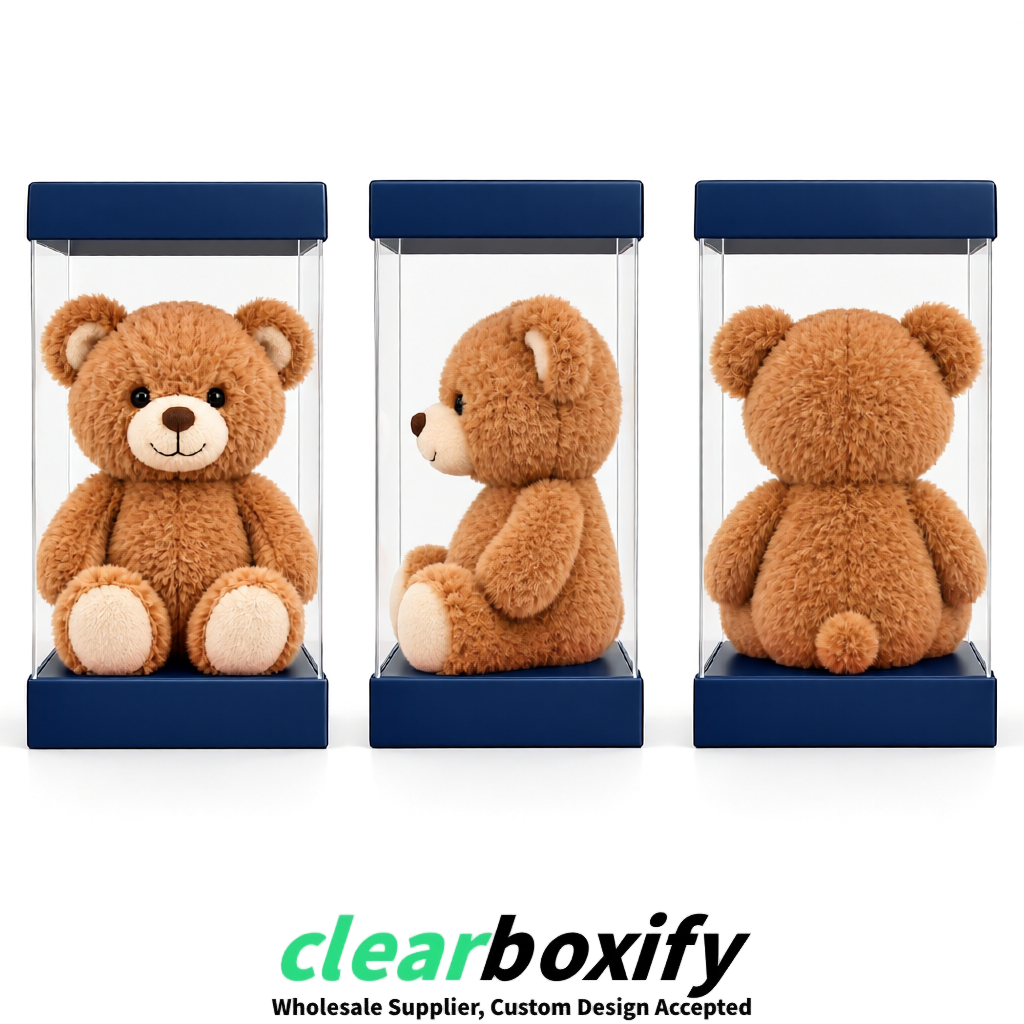 Navy Blue Clear Toy Display Boxes with White Base & Top | Wholesale Bulk Packaging
