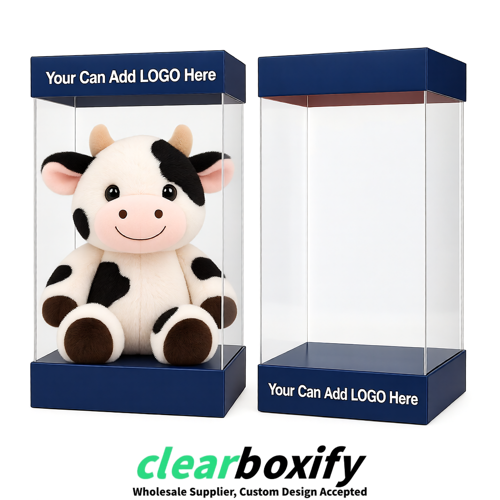 Navy Blue Clear Toy Display Boxes with White Base & Top | Wholesale Bulk Packaging