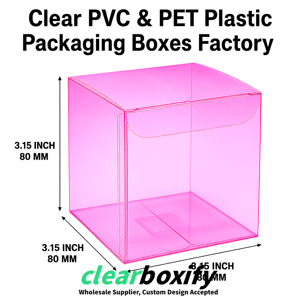 Neon Pink PPWR-ready PVC & PET Clear Boxes 80x80x80/120/140/190mm 70x70x160 mm Factory