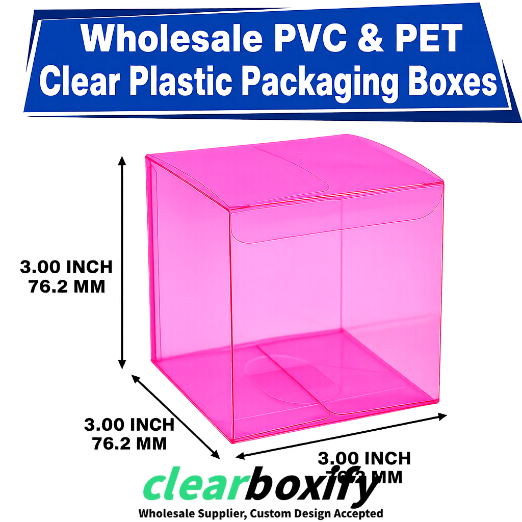 PPWR-Aligned Neon Pink Translucent PVC & PET Boxes 60x60x180mm 76x76x76mm 70x70x70/100/120mm