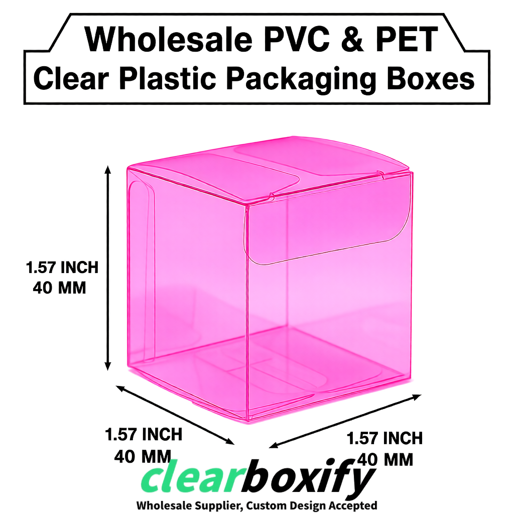 Neon Pink Clear PVC & PET Boxes 38x38x38, 40x40x40, 50x50x50/80mm