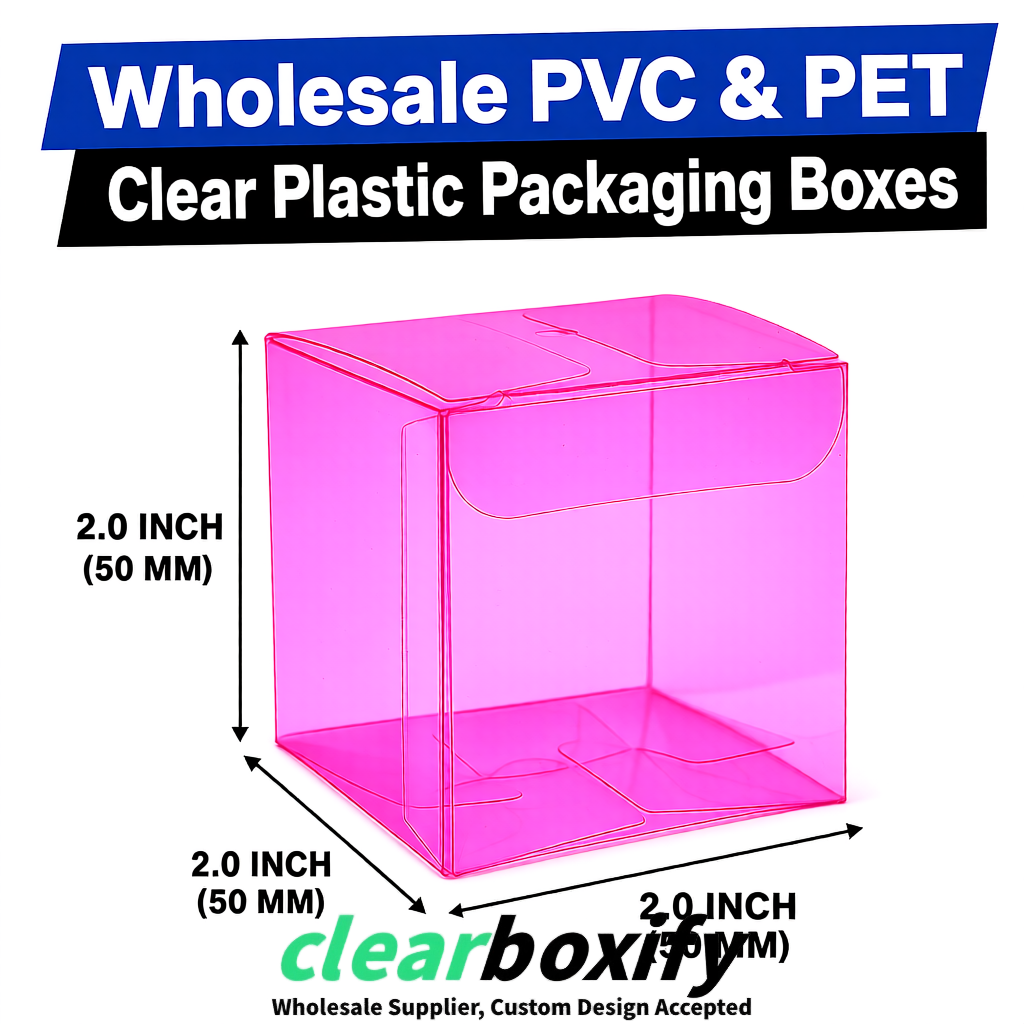 Neon Pink Clear PVC & PET Boxes 38x38x38, 40x40x40, 50x50x50/80mm