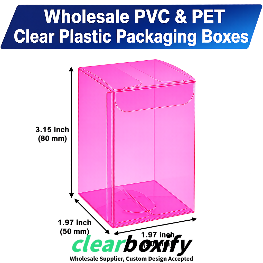 Neon Pink Clear PVC & PET Boxes 38x38x38, 40x40x40, 50x50x50/80mm