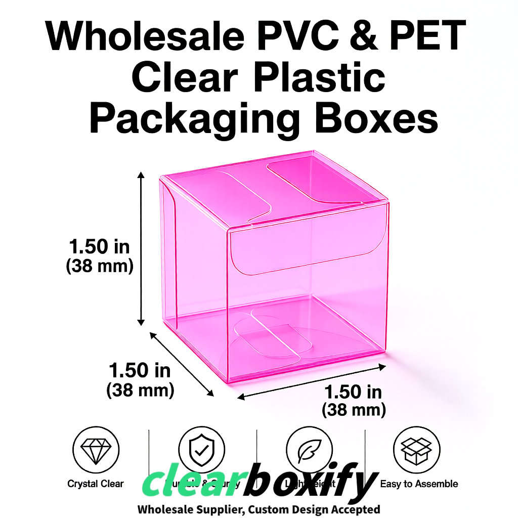 Neon Pink Clear PVC & PET Boxes 38x38x38, 40x40x40, 50x50x50/80mm