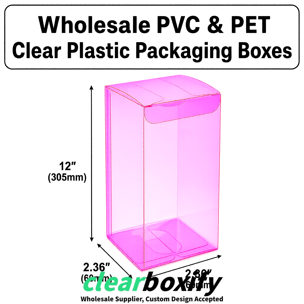 Neon Pink Wholesale Clear PVC & PET Boxes 50x50x120/150/200mm 60x60x60/120 mm Neon Pink Wholesale Clear PVC & PET Boxes 50x50x120/150/200mm 60x60x60/120 mm