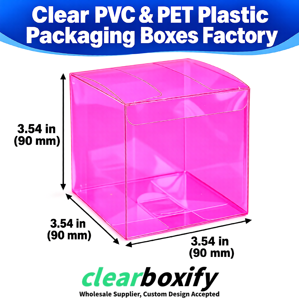 Wholesale Neon Pink Clear PVC & PET Boxes 90x90x90mm 100x100x30/50/100mm