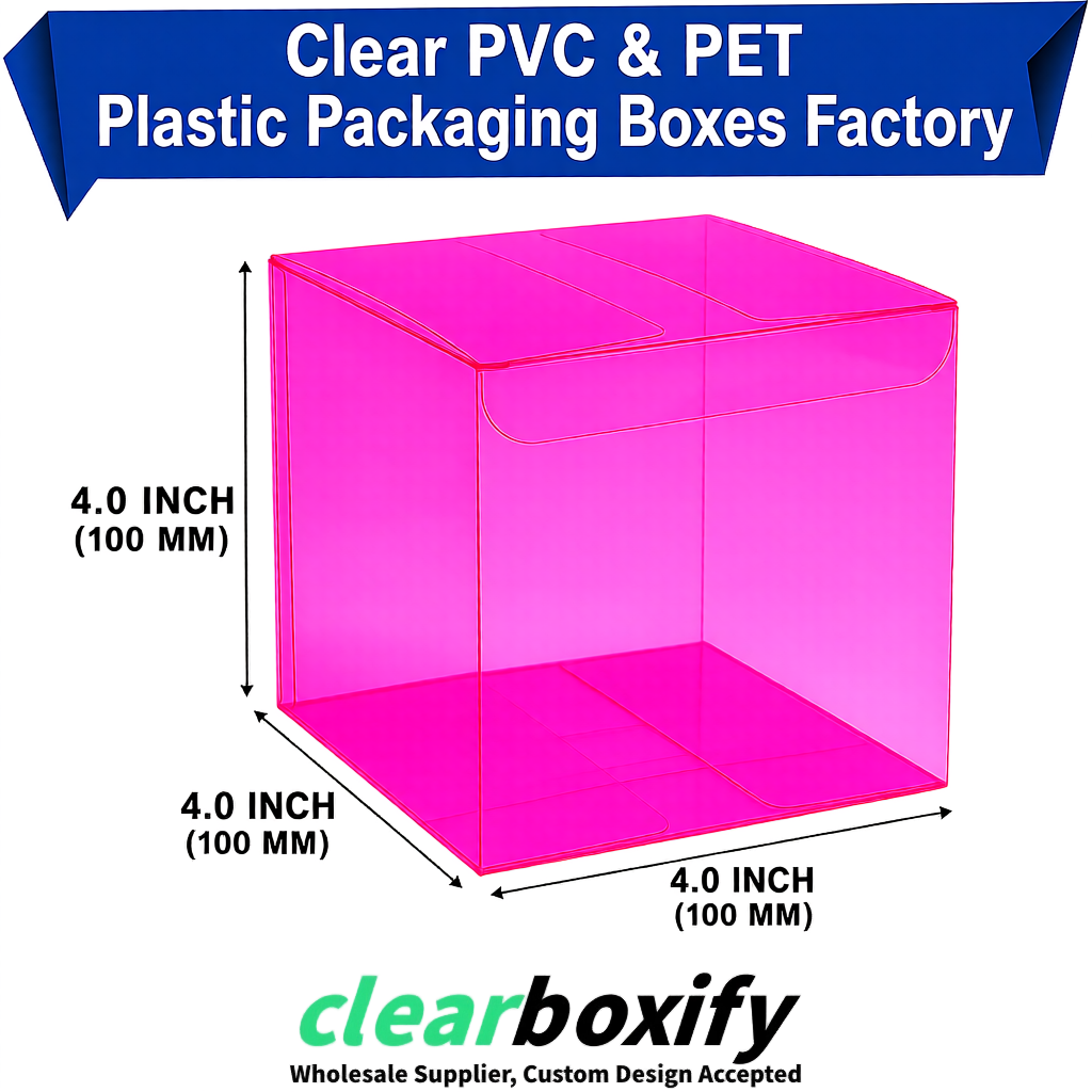 Wholesale Neon Pink Clear PVC & PET Boxes 90x90x90mm 100x100x30/50/100mm