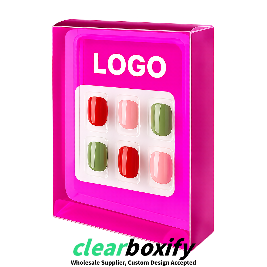 Neon Pink Clear Press-on Nails Box with Hanging Hook | Plastic PVC PP PET Packaging
