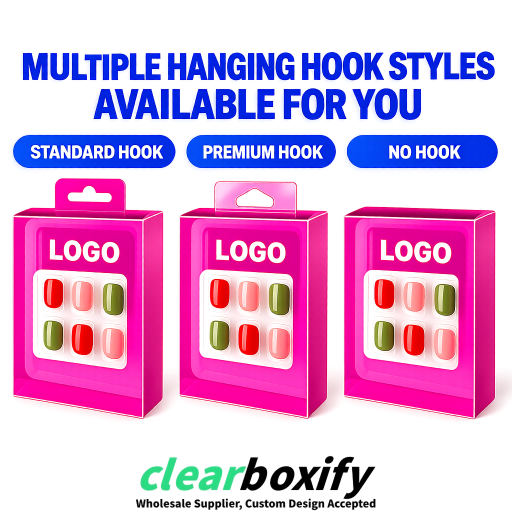 Neon Pink Clear Press-on Nails Box with Hanging Hook | Plastic PVC PP PET Packaging