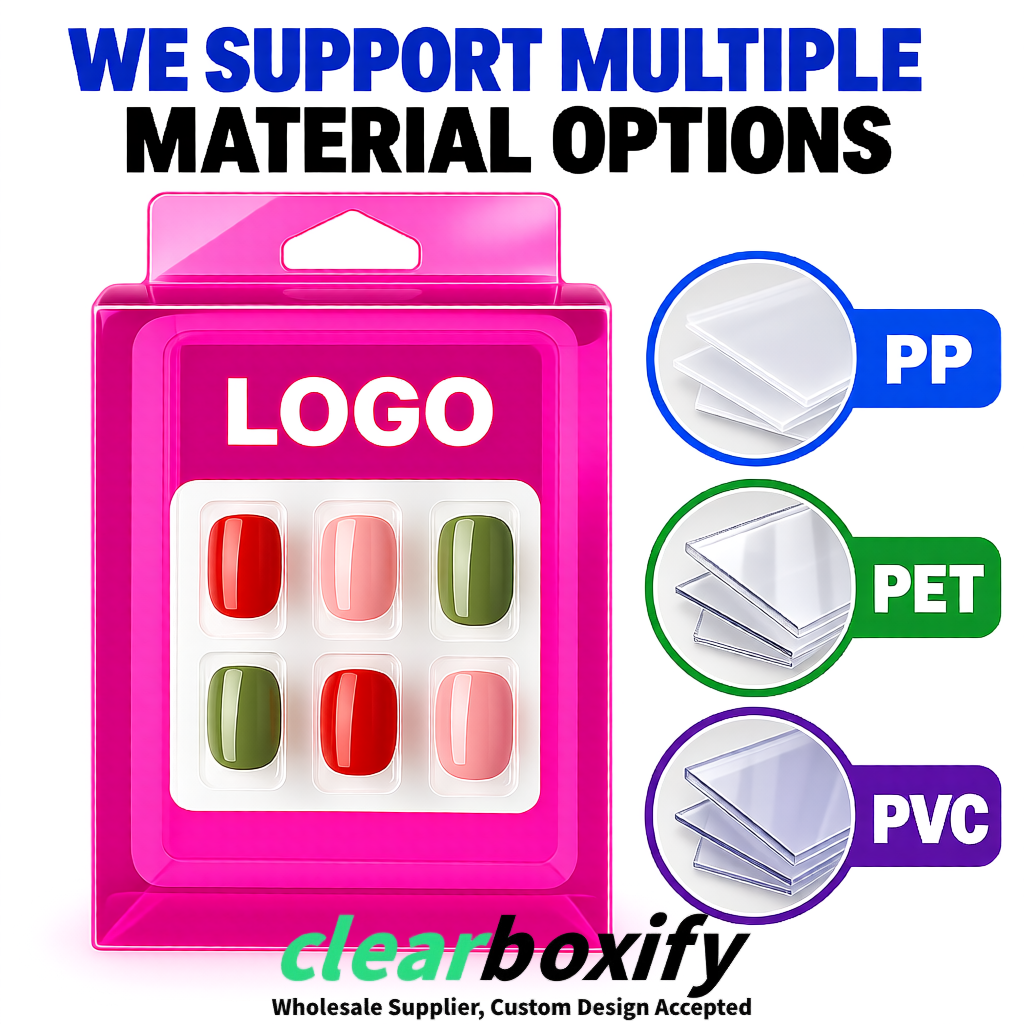 Neon Pink Clear Press-on Nails Box with Hanging Hook | Plastic PVC PP PET Packaging