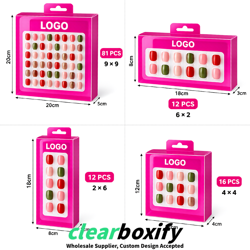 Neon Pink Clear Press-on Nails Box with Hanging Hook | Plastic PVC PP PET Packaging