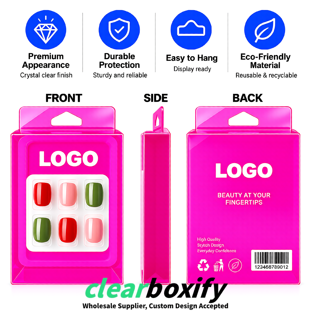 Neon Pink Clear Press-on Nails Box with Hanging Hook | Plastic PVC PP PET Packaging