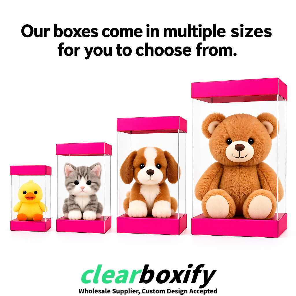 Neon Pink Clear Toy Display Boxes with White Base & Top | Wholesale Bulk Packaging