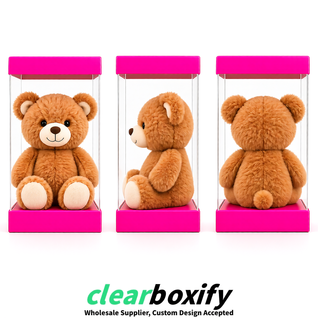 Neon Pink Clear Toy Display Boxes with White Base & Top | Wholesale Bulk Packaging