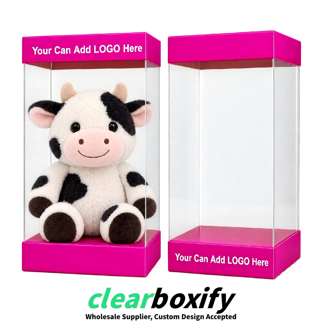 Neon Pink Clear Toy Display Boxes with White Base & Top | Wholesale Bulk Packaging