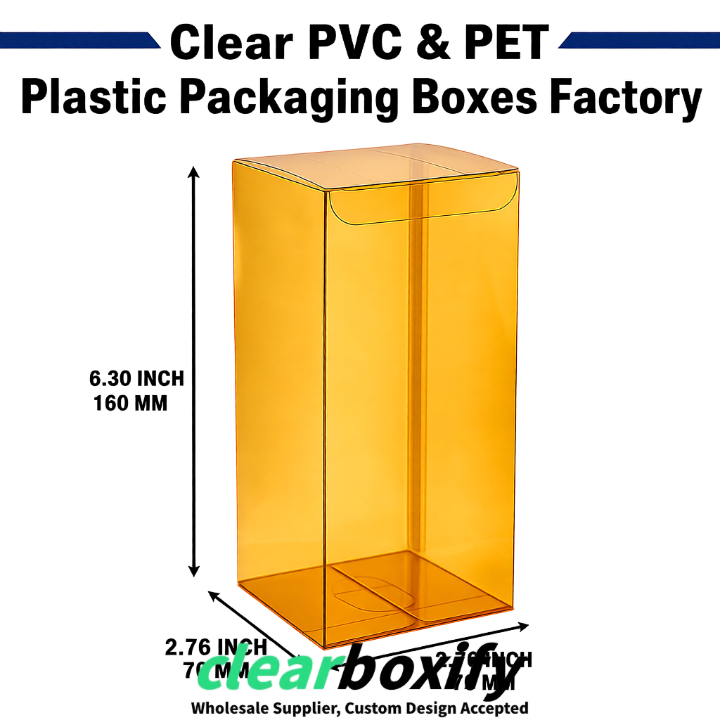 Ochre PPWR-ready PVC & PET Clear Boxes 80x80x80/120/140/190mm 70x70x160 mm Factory