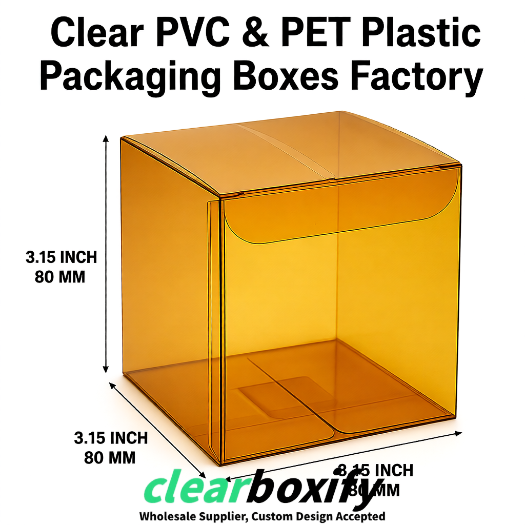 Ochre PPWR-ready PVC & PET Clear Boxes 80x80x80/120/140/190mm 70x70x160 mm Factory