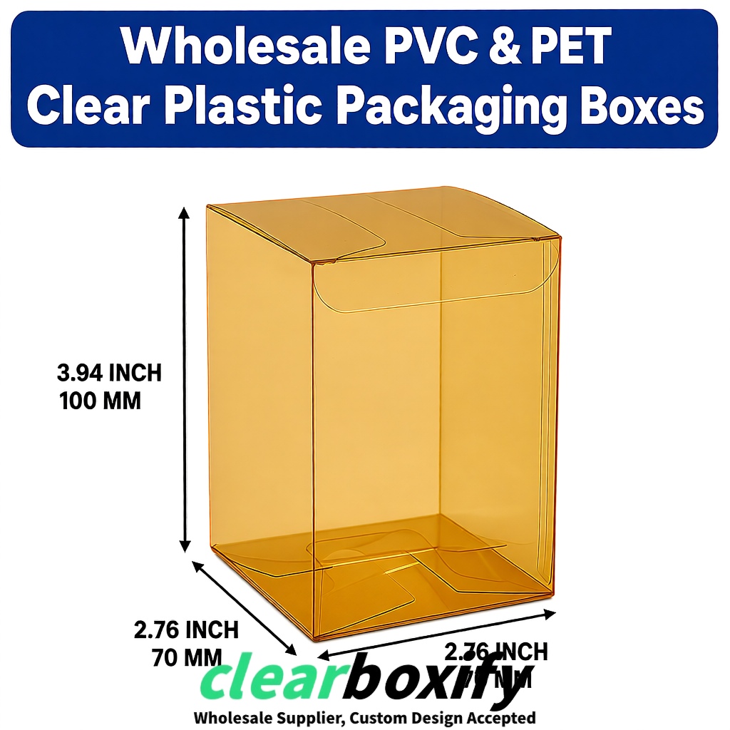 PPWR-Aligned Ochre Translucent PVC & PET Boxes 60x60x180mm 76x76x76mm 70x70x70/100/120mm