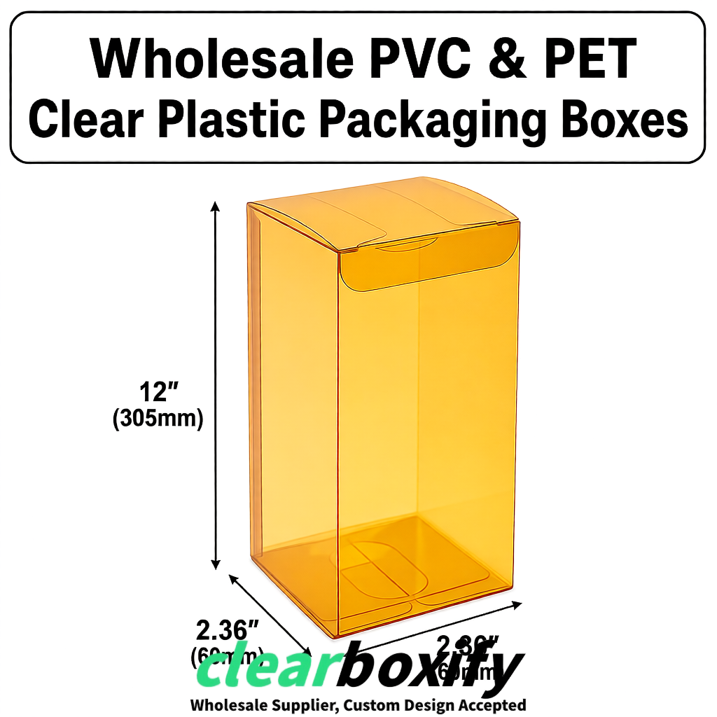 Ochre Wholesale Clear PVC & PET Boxes 50x50x120/150/200mm 60x60x60/120 mm Ochre Wholesale Clear PVC & PET Boxes 50x50x120/150/200mm 60x60x60/120 mm