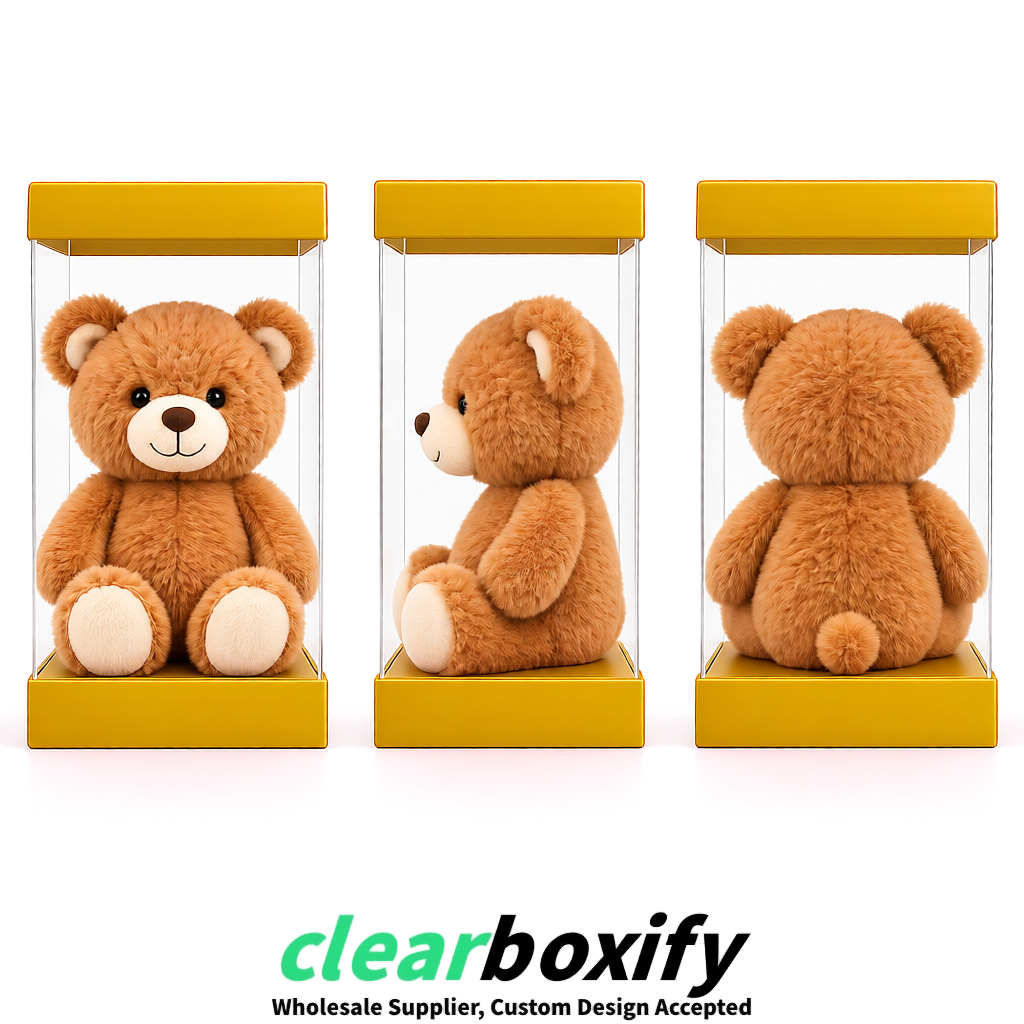 Ochre Clear Toy Display Boxes with White Base & Top | Wholesale Bulk Packaging