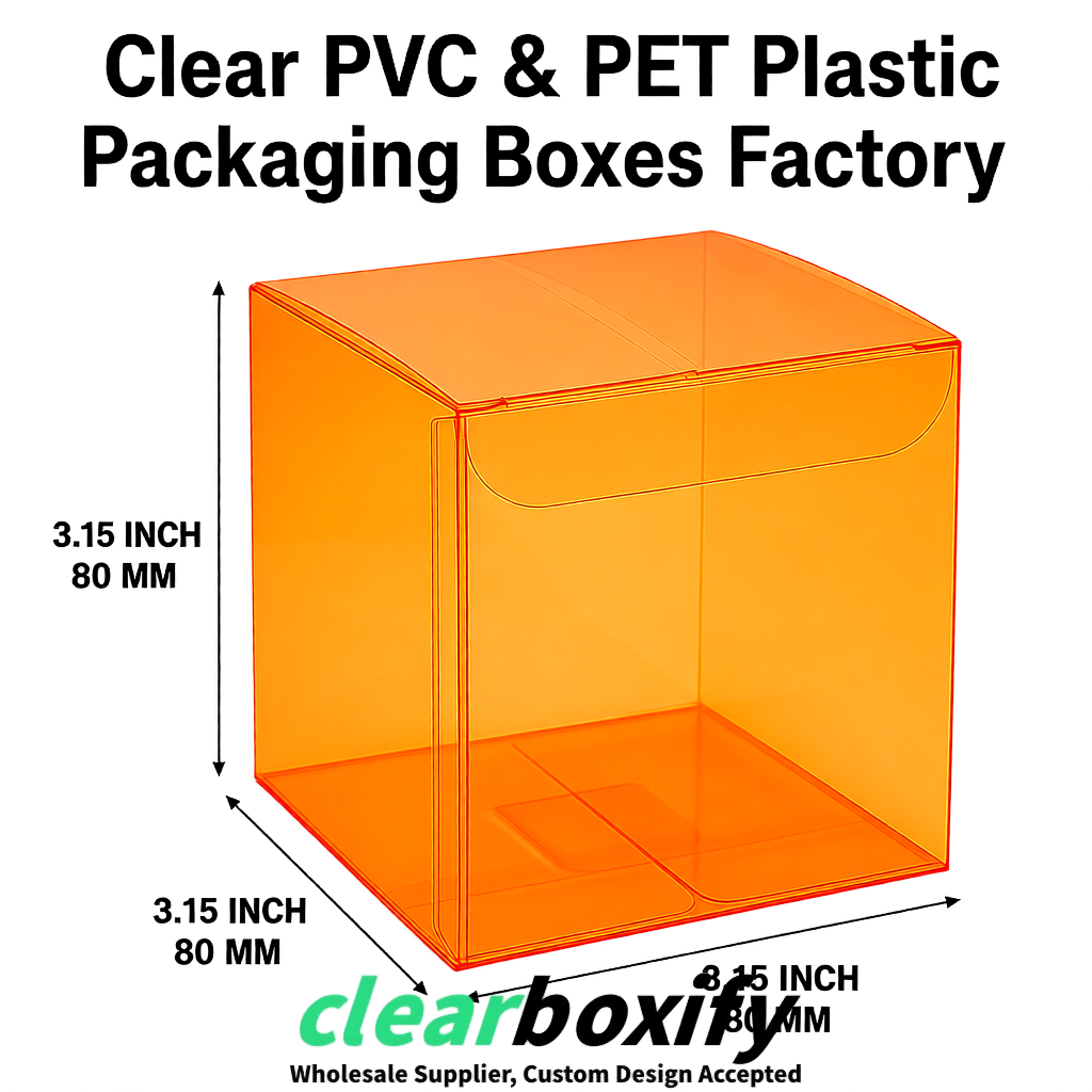 Orange PPWR-ready PVC & PET Clear Boxes 80x80x80/120/140/190mm 70x70x160 mm Factory