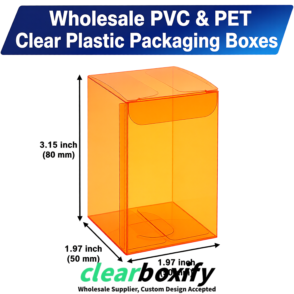 Orange Clear PVC & PET Boxes 38x38x38, 40x40x40, 50x50x50/80mm