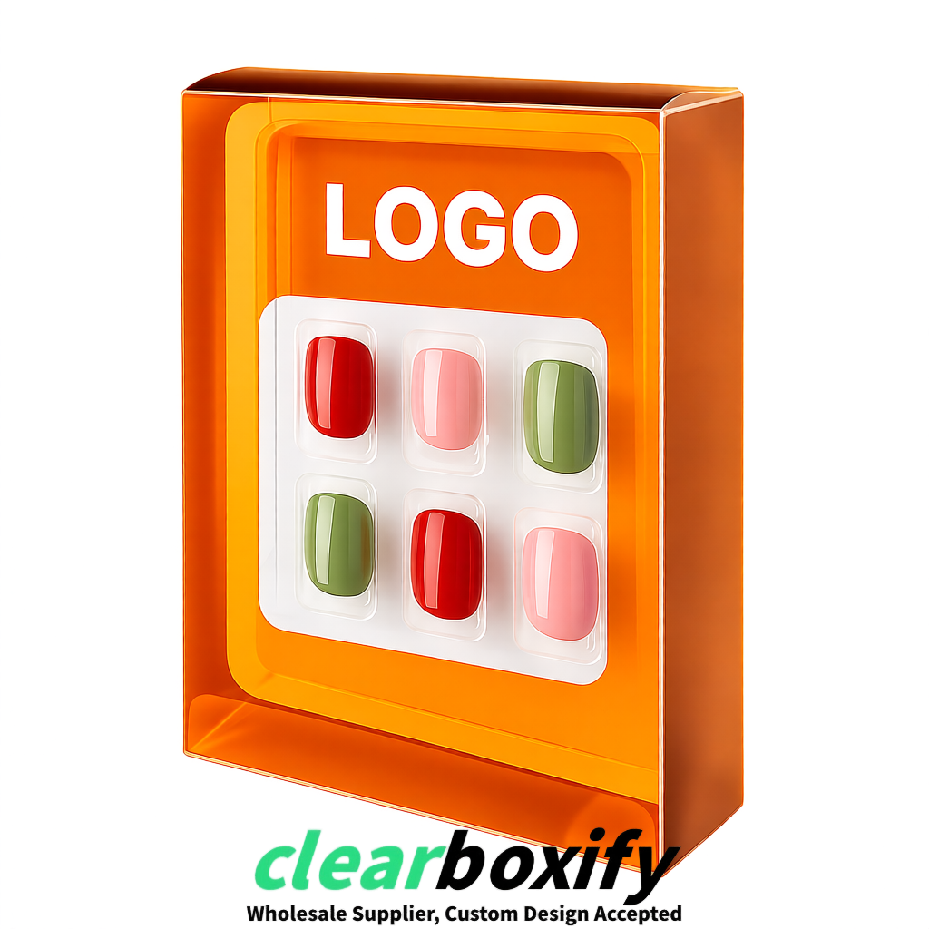 Orange Clear Press-on Nails Box with Hanging Hook | Plastic PVC PP PET Packaging