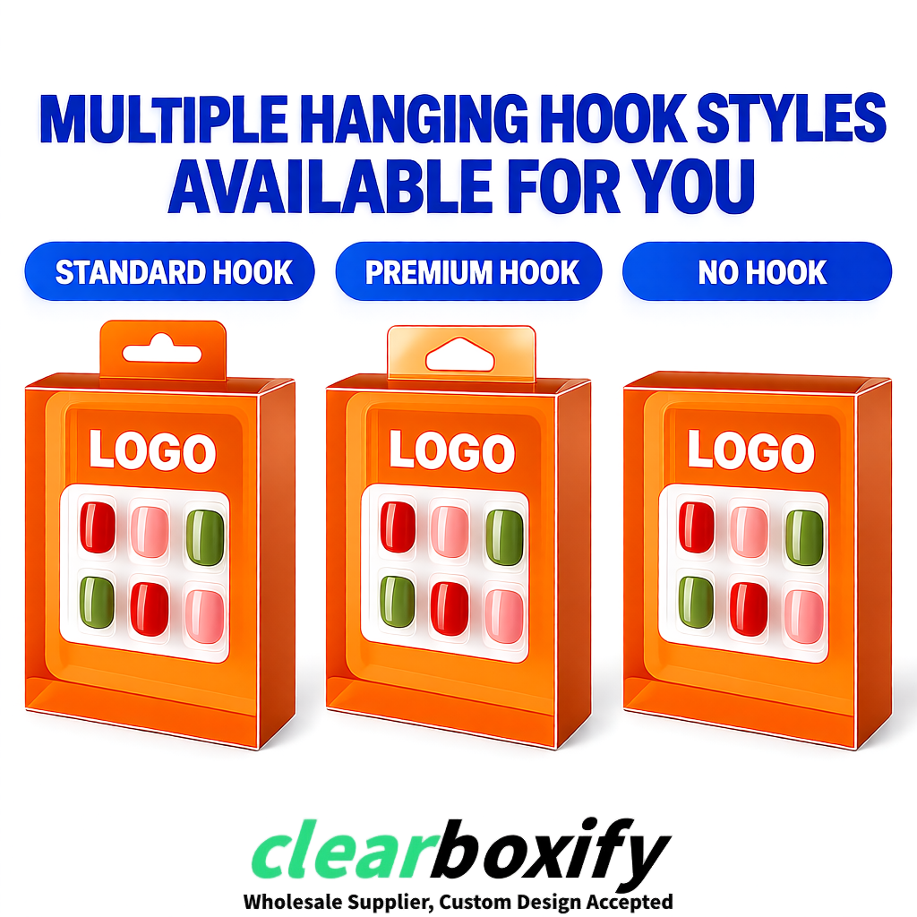 Orange Clear Press-on Nails Box with Hanging Hook | Plastic PVC PP PET Packaging