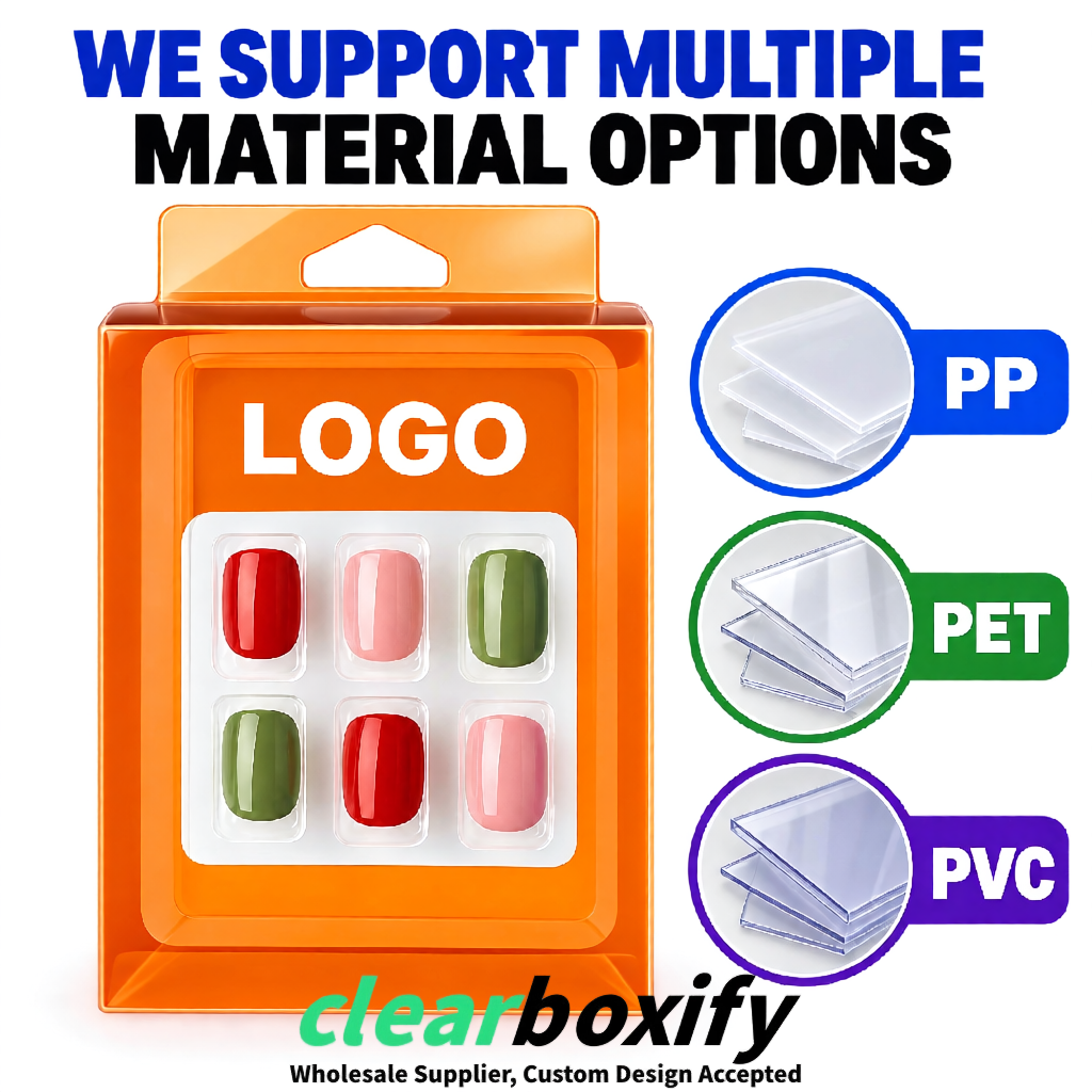 Orange Clear Press-on Nails Box with Hanging Hook | Plastic PVC PP PET Packaging