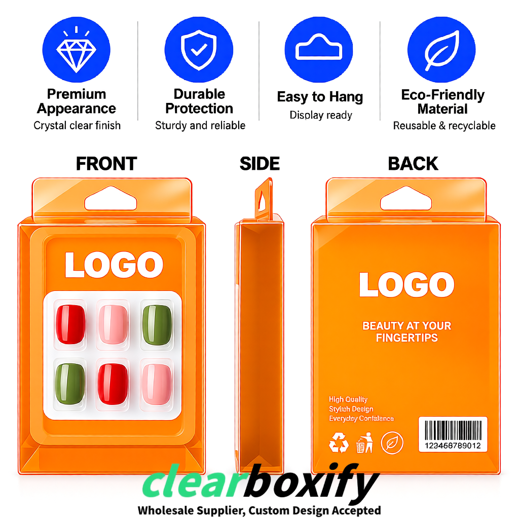 Orange Clear Press-on Nails Box with Hanging Hook | Plastic PVC PP PET Packaging