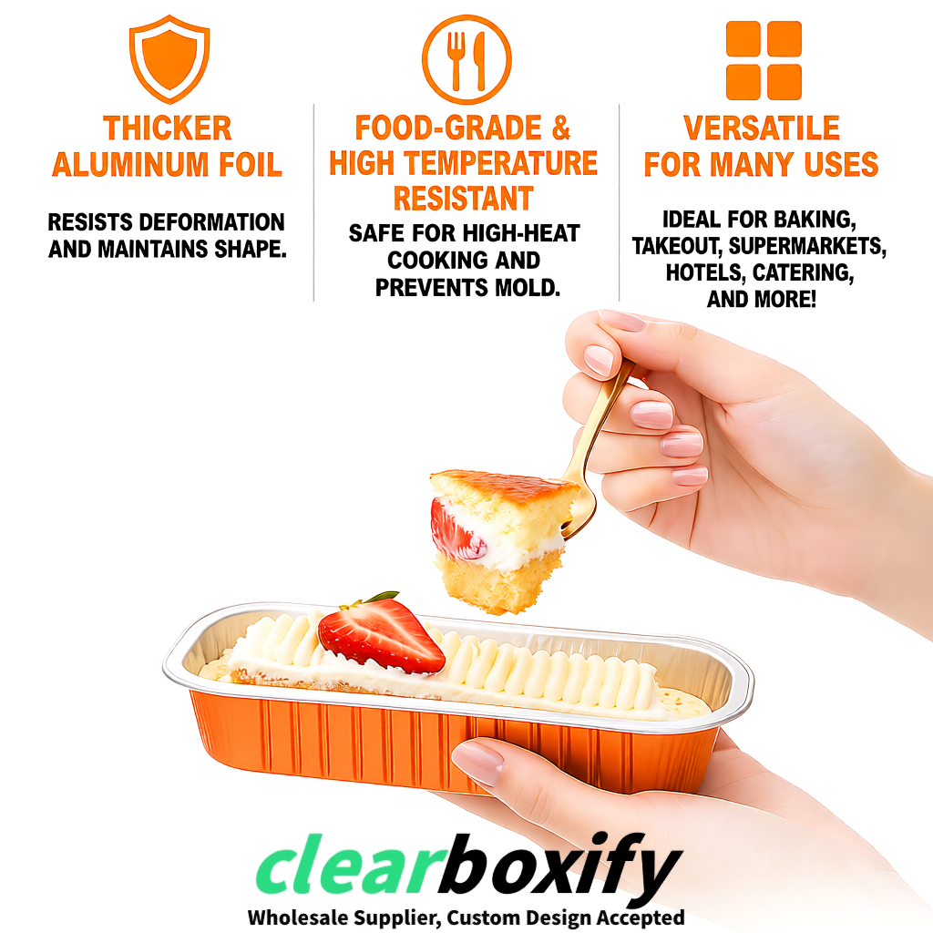 Orange Mini Loaf Pans with Clear Lids 6.8oz Rectangular Aluminum Foil Baking Pans Supplier Orange Mini Loaf Pans with Clear Lids 6.8oz Rectangular Aluminum Foil Baking Pans Supplier
