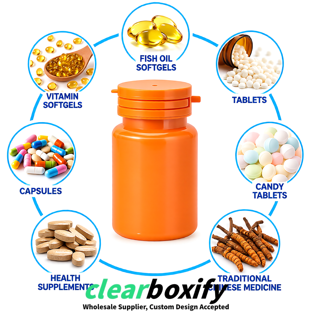 80ml Orange Plastic Supplement Bottle for Capsules & Pills, TCM & Softgels
