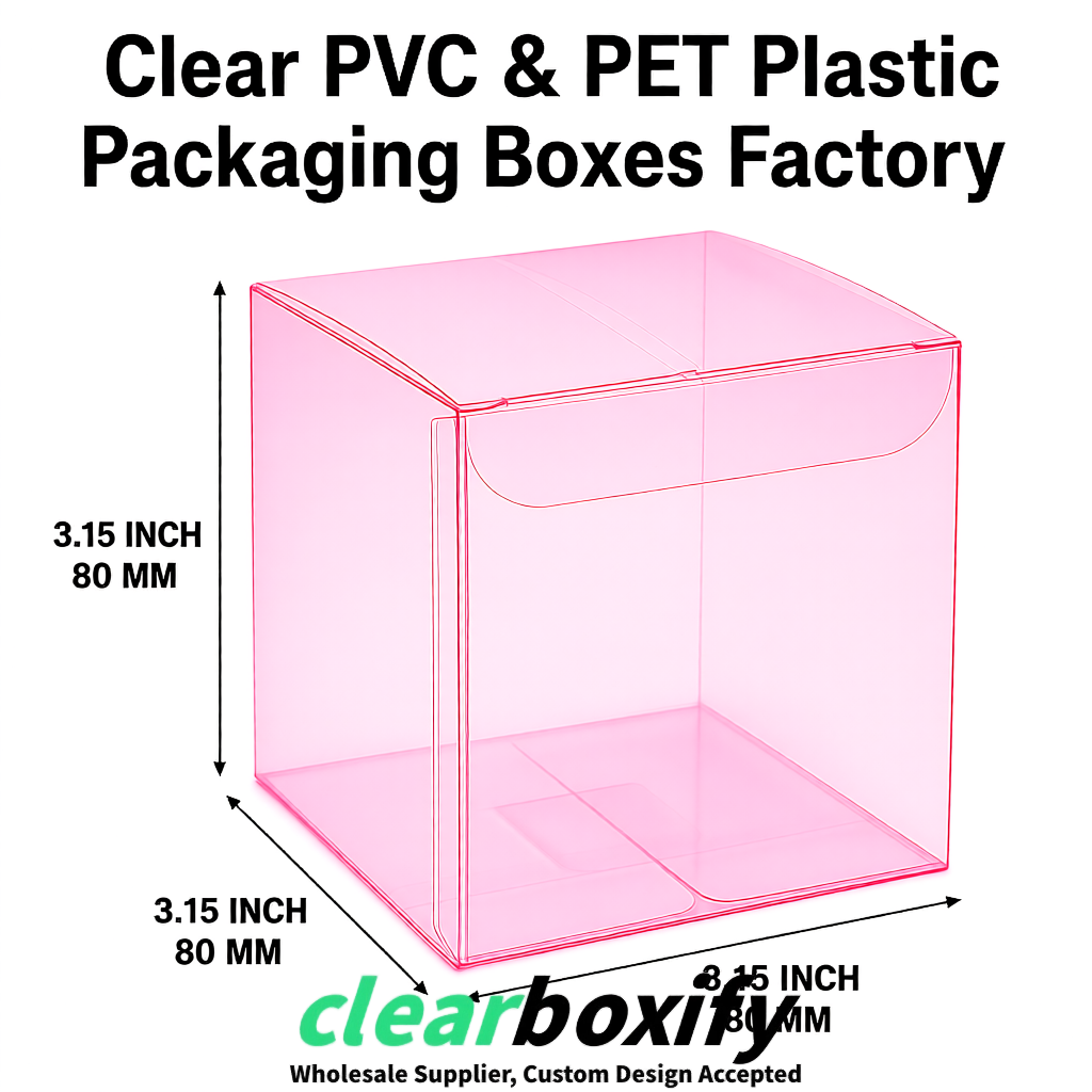 Pink PPWR-ready PVC & PET Clear Boxes 80x80x80/120/140/190mm 70x70x160 mm Factory