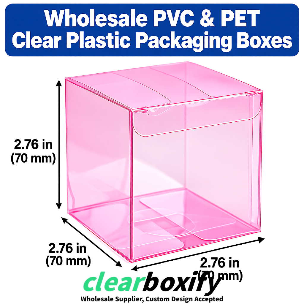 PPWR-Aligned Pink Translucent PVC & PET Boxes 60x60x180mm 76x76x76mm 70x70x70/100/120mm