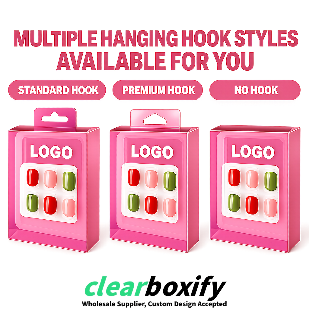 Pink Clear Press-on Nails Box with Hanging Hook | Plastic PVC PP PET Packaging