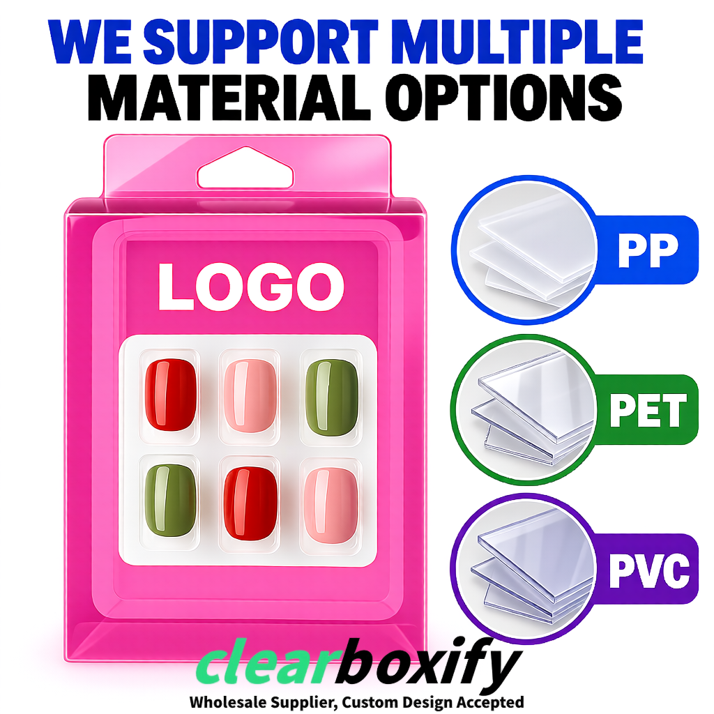 Pink Clear Press-on Nails Box with Hanging Hook | Plastic PVC PP PET Packaging