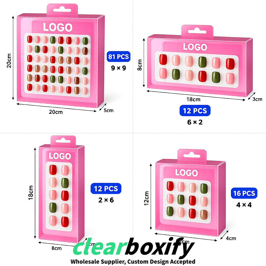Pink Clear Press-on Nails Box with Hanging Hook | Plastic PVC PP PET Packaging