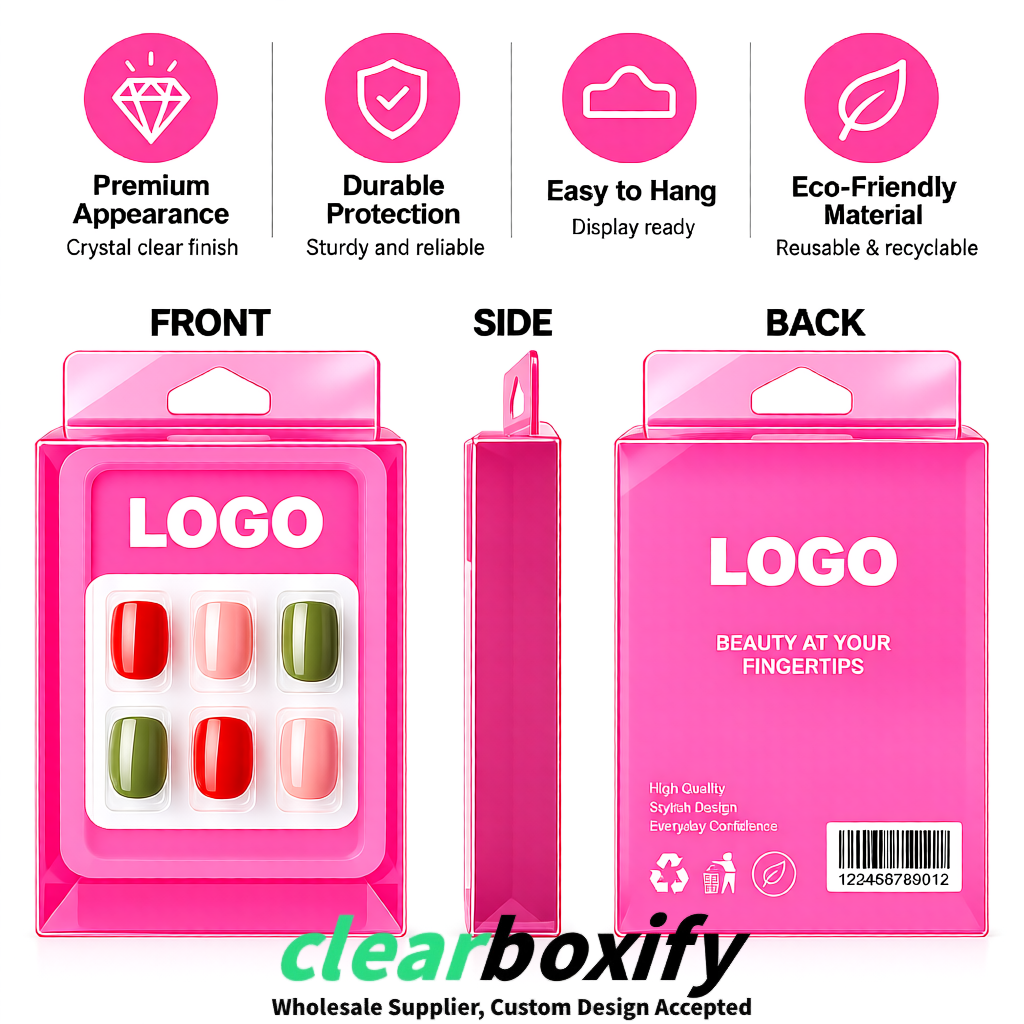 Pink Clear Press-on Nails Box with Hanging Hook | Plastic PVC PP PET Packaging