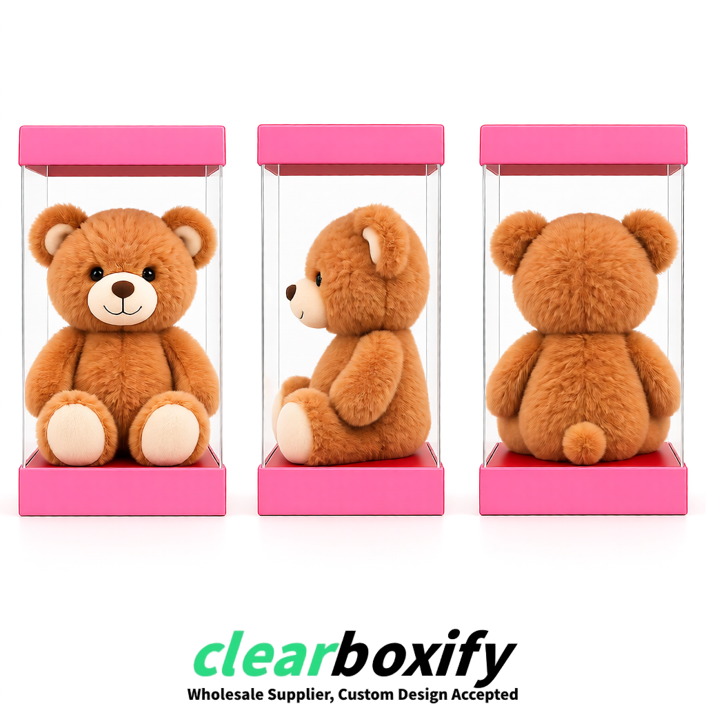 Pink Clear Toy Display Boxes with White Base & Top | Wholesale Bulk Packaging