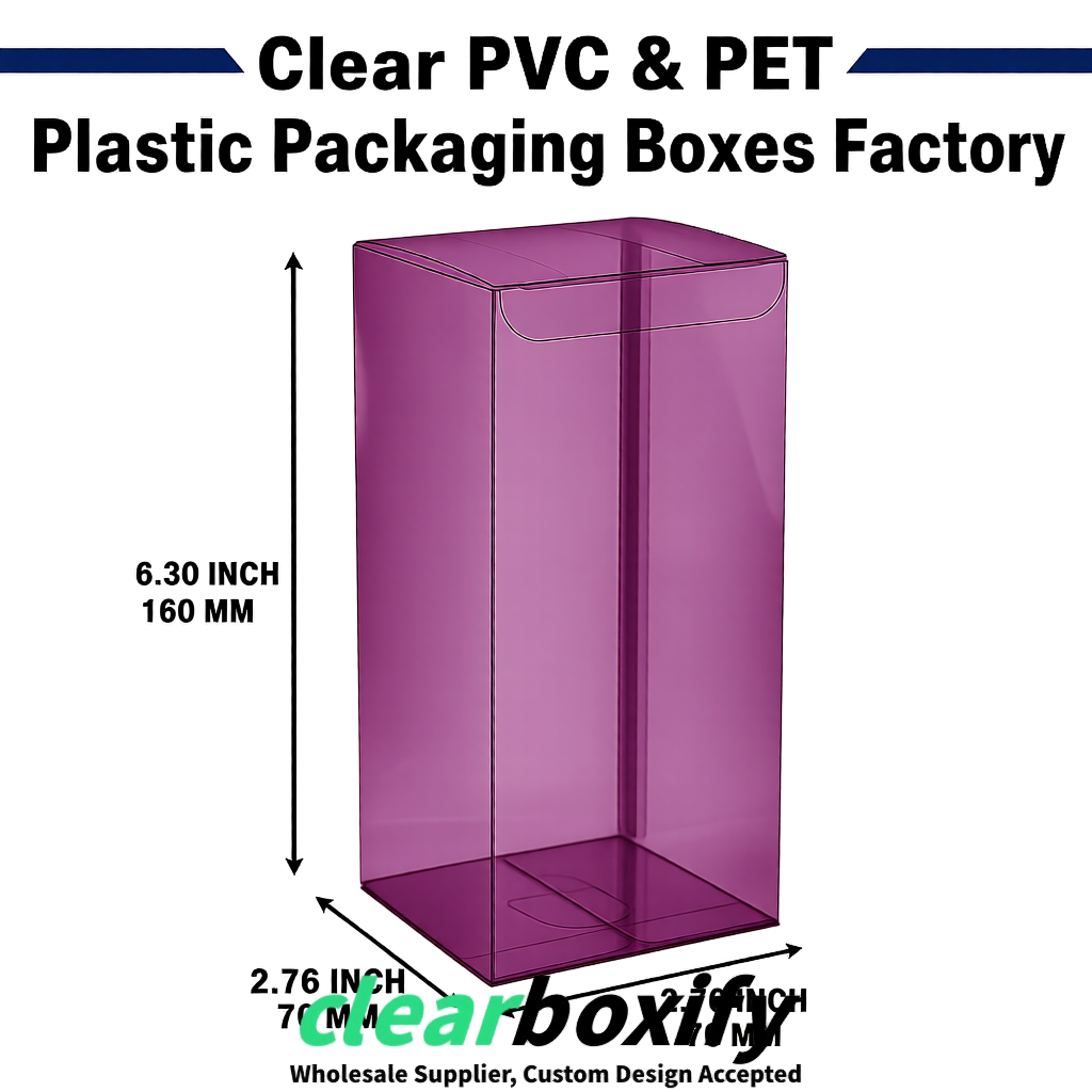 Plum PPWR-ready PVC & PET Clear Boxes 80x80x80/120/140/190mm 70x70x160 mm Factory