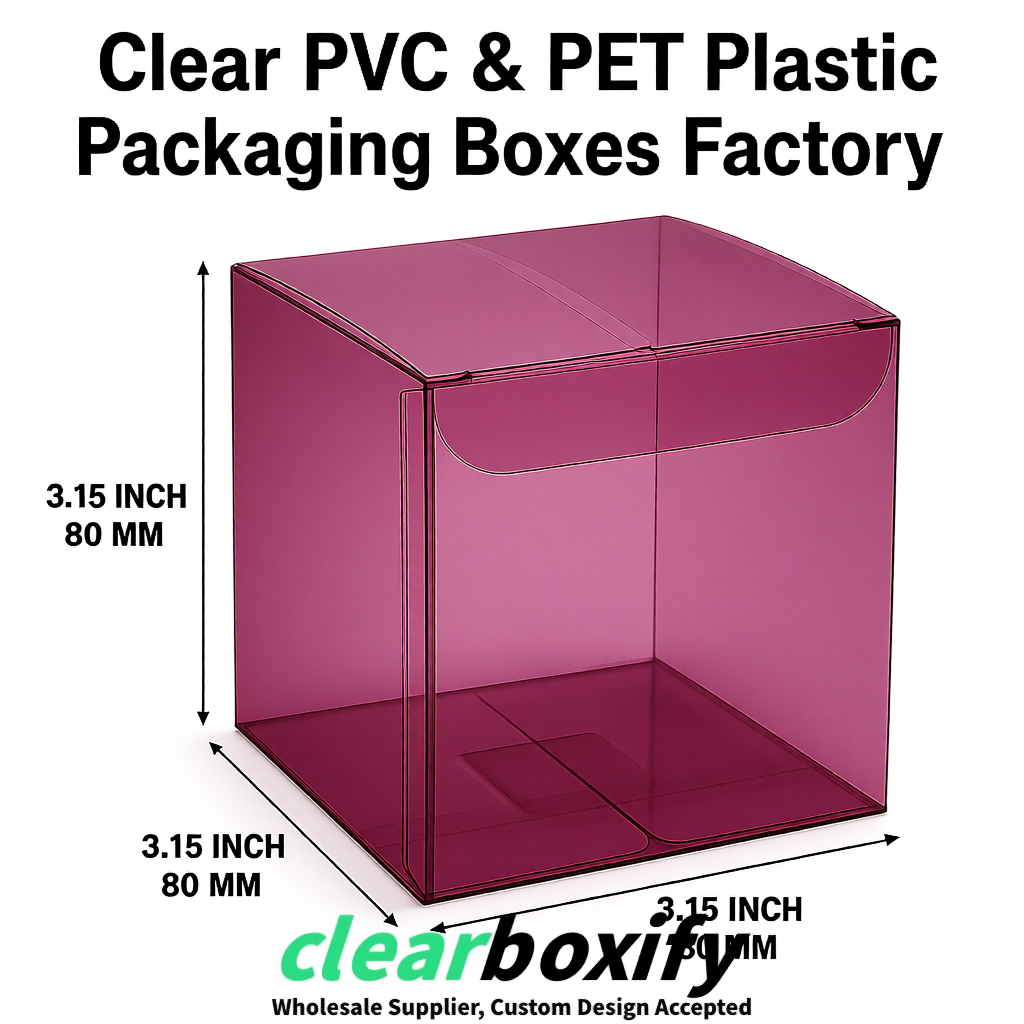Plum PPWR-ready PVC & PET Clear Boxes 80x80x80/120/140/190mm 70x70x160 mm Factory