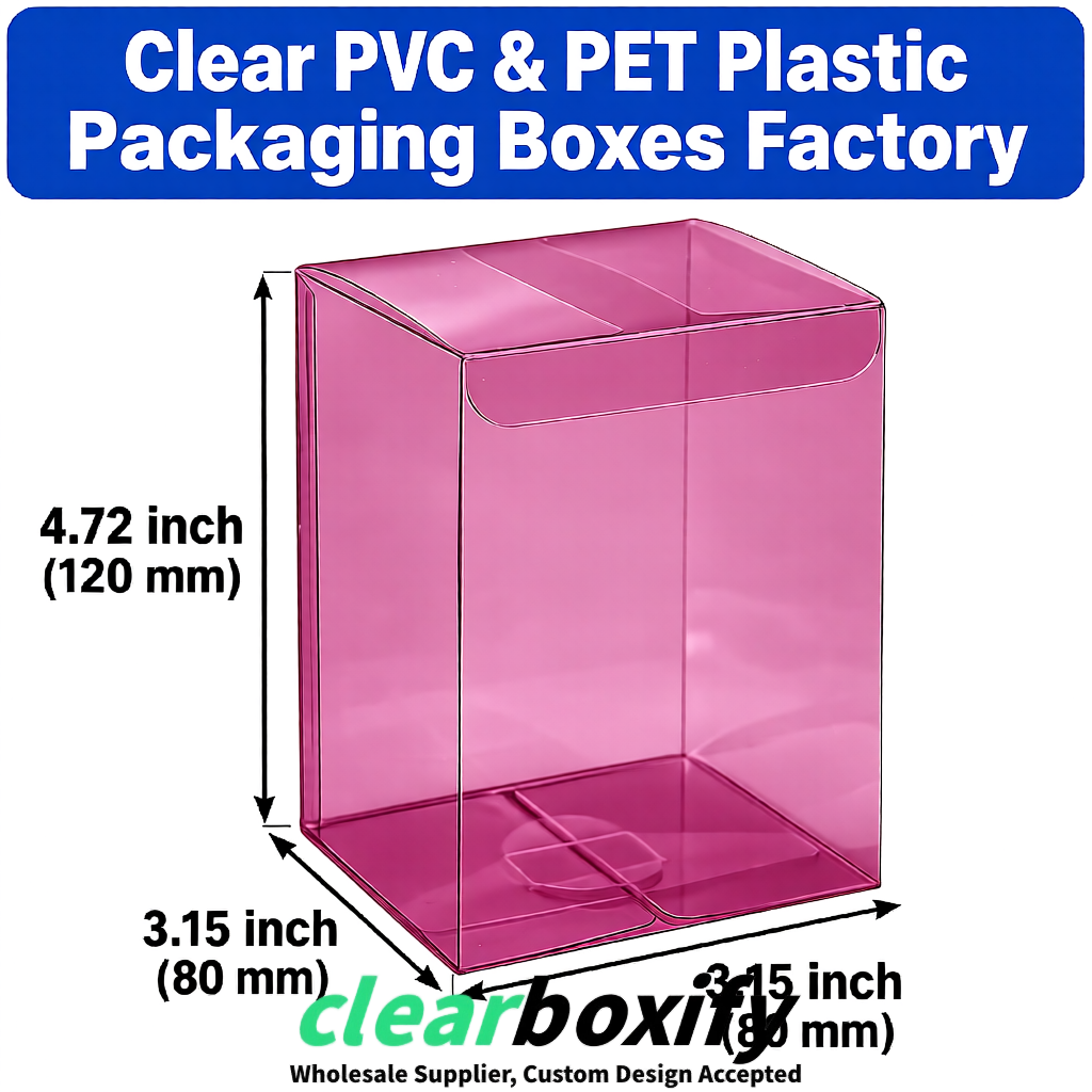 Plum PPWR-ready PVC & PET Clear Boxes 80x80x80/120/140/190mm 70x70x160 mm Factory