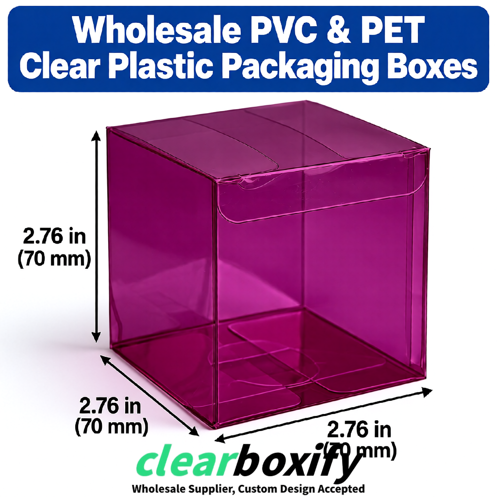 PPWR-Aligned Plum Translucent PVC & PET Boxes 60x60x180mm 76x76x76mm 70x70x70/100/120mm