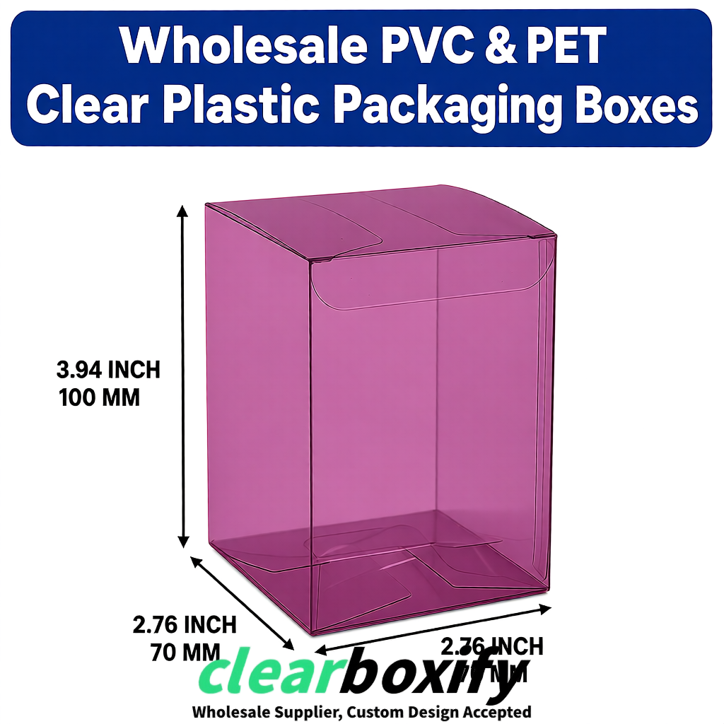 PPWR-Aligned Plum Translucent PVC & PET Boxes 60x60x180mm 76x76x76mm 70x70x70/100/120mm