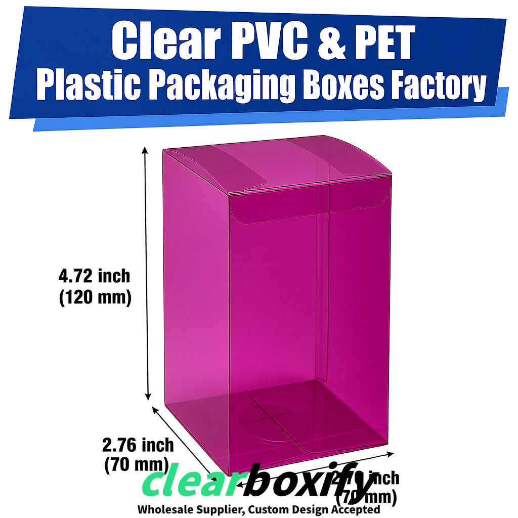 PPWR-Aligned Plum Translucent PVC & PET Boxes 60x60x180mm 76x76x76mm 70x70x70/100/120mm